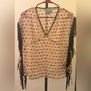 Skies Are Blue Multicolor Elephant Print Fringe Sheer Blouse